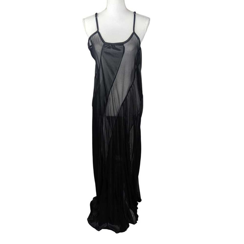 Ashro Womens XL Black Satin Mesh Sheer Diagonal Panel Maxi Nightgown Y2K Dress